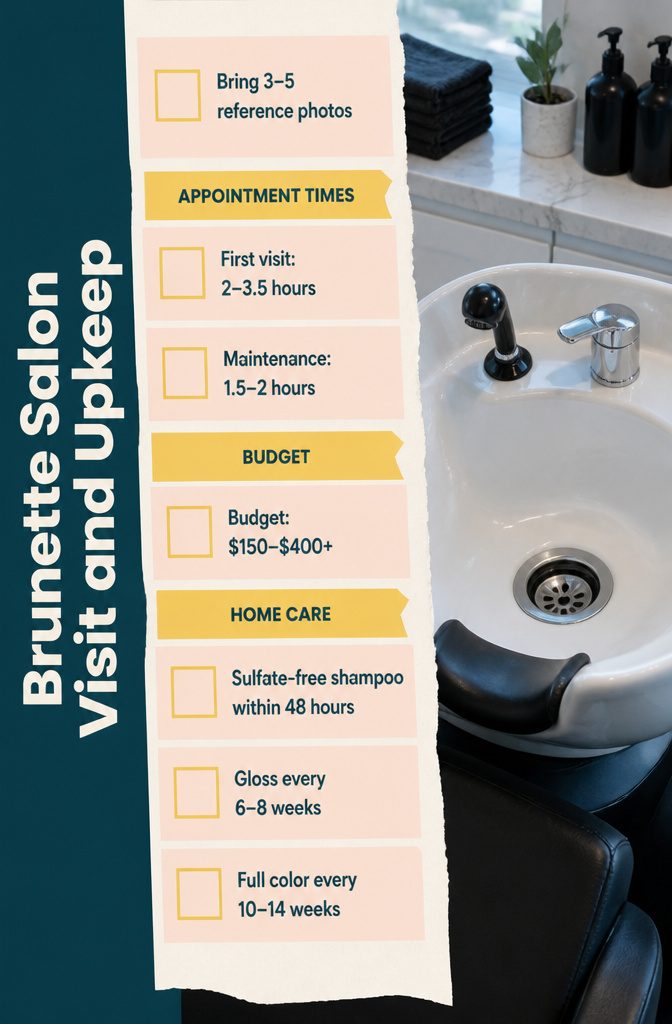 Information graphic listing brunette salon services timing pricing and hair care