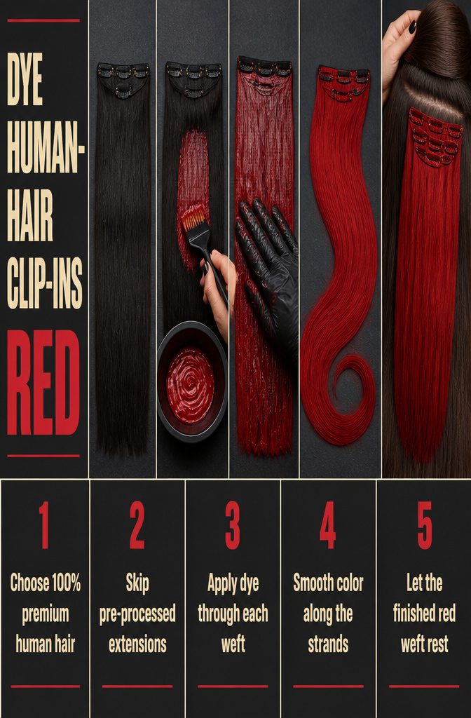Human hair clip-in extensions shown with a guide to dyeing them red