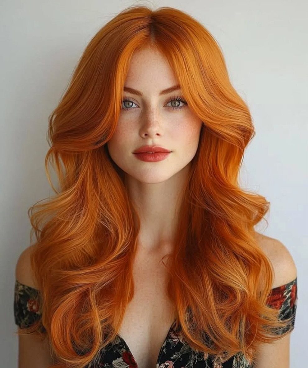 Woman with long, curled bright auburn hair and a center part