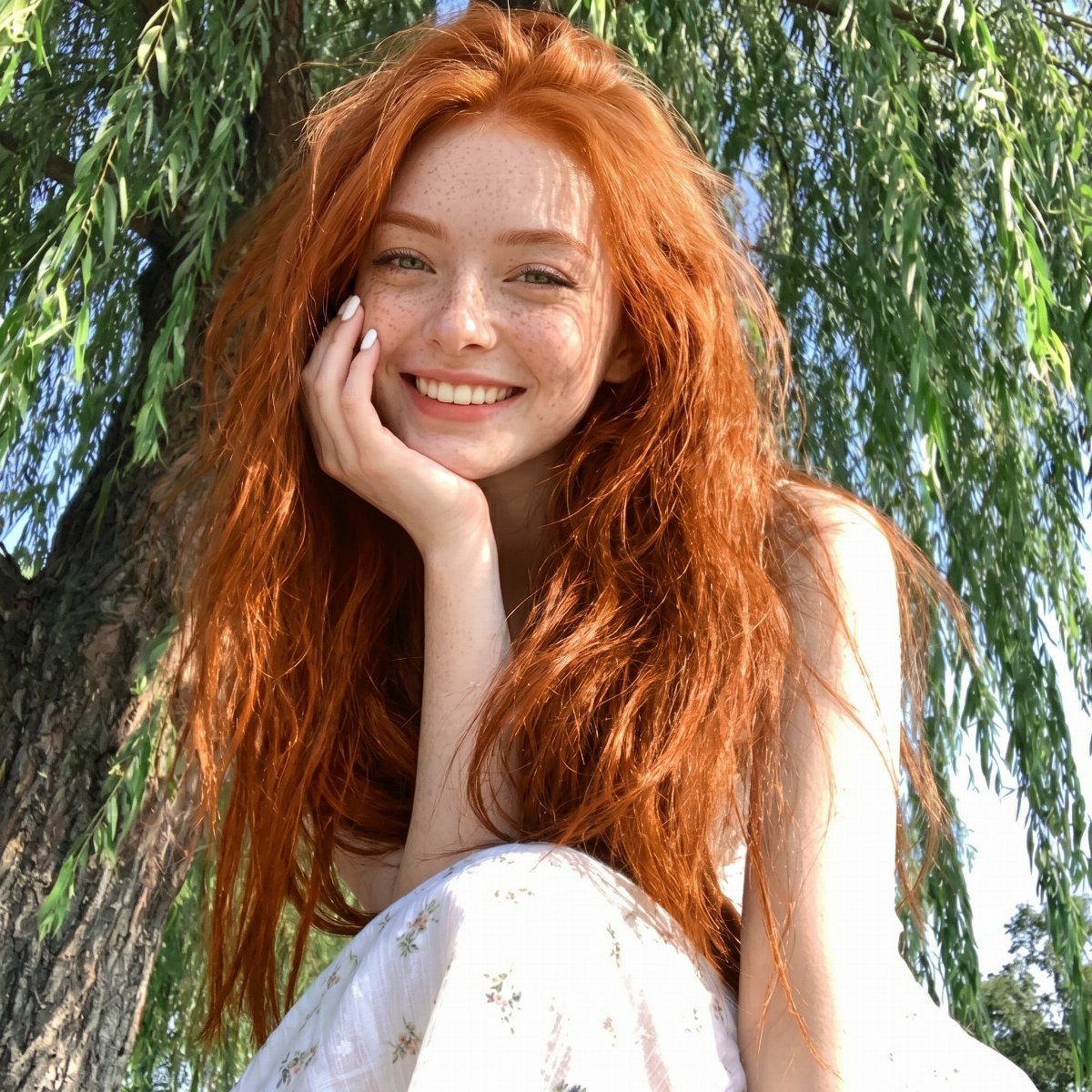 Woman with long, wavy bright copper-red hair posing outdoors