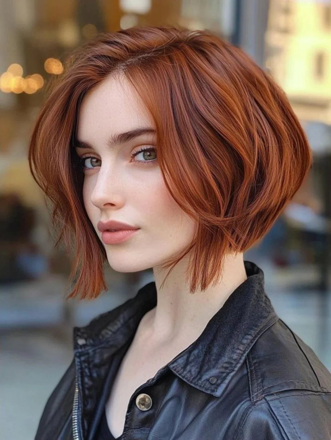 Woman with a shaggy orange-red bob wearing a black leather jacket