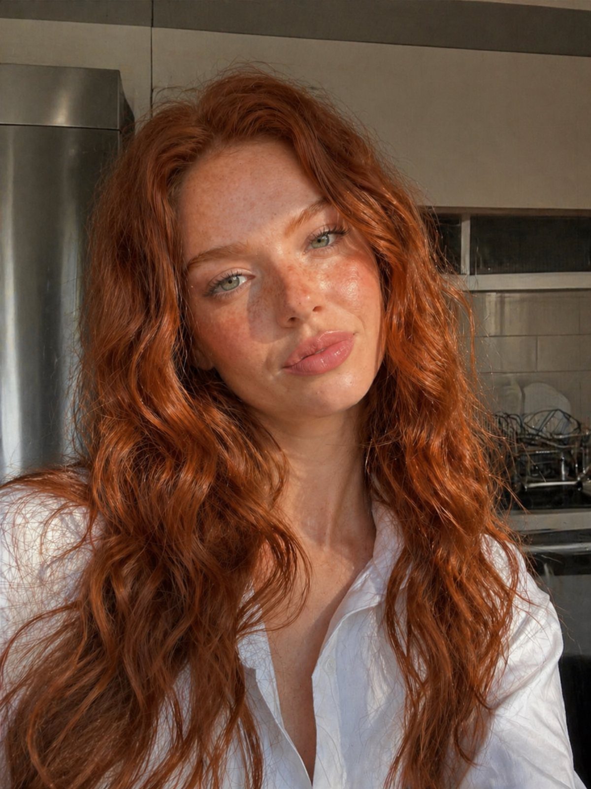 Woman with long wavy dark ginger hair wearing a white shirt