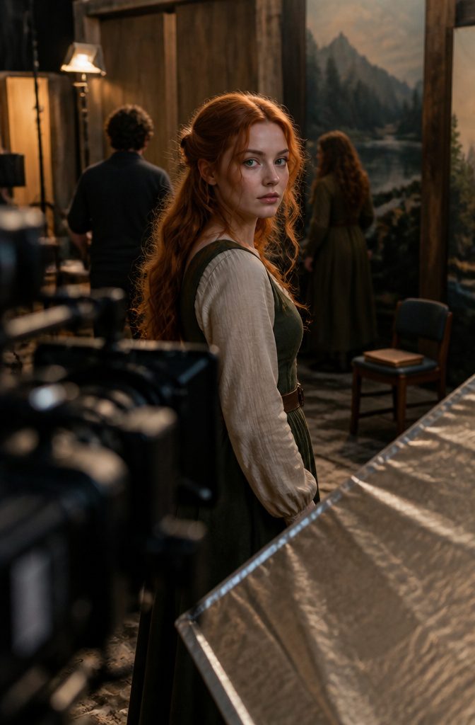 Red-haired woman with green eyes among performers on a film set