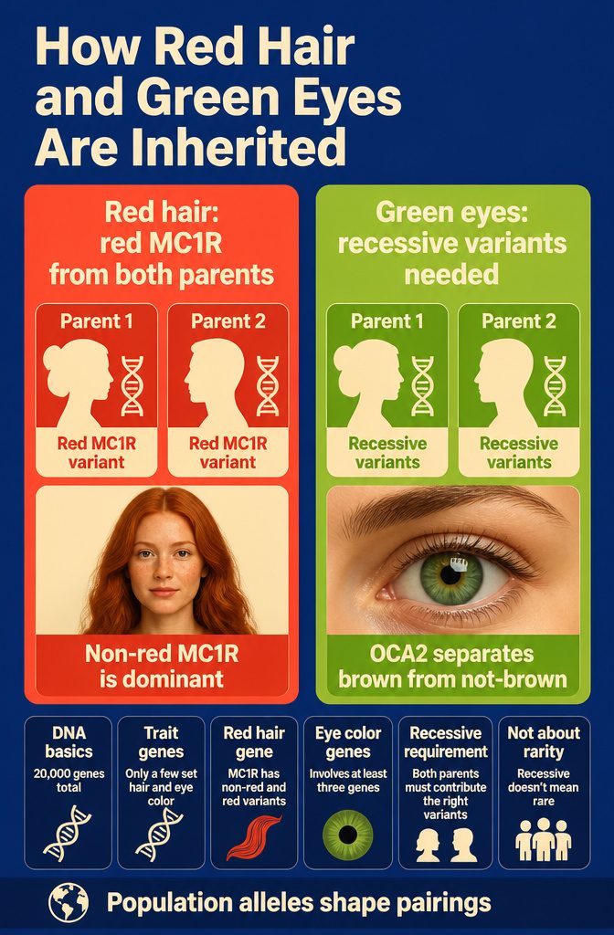Diagram of red hair and green eye inheritance