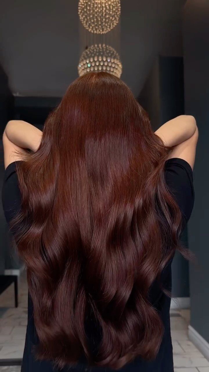 Long, glossy dark auburn waves displayed from behind