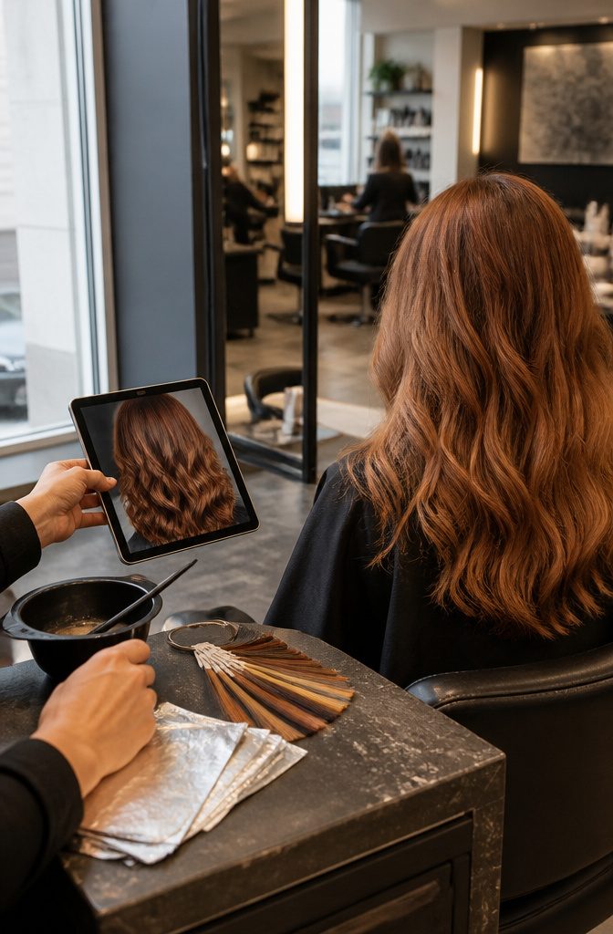 Tablet showing copper-brown hair beside a client and a stylist's hand near a mixing bowl