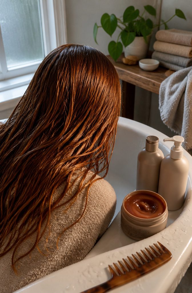 Gingerbread hair beside unlabeled shampoo conditioner and a color-depositing conditioning mask