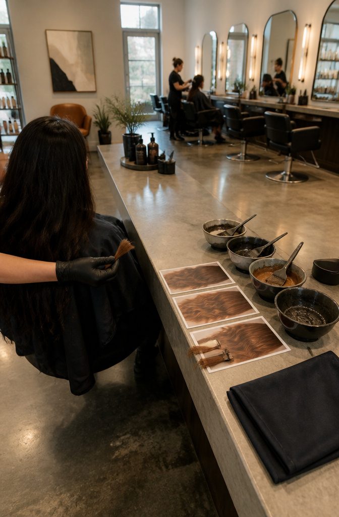 Gingerbread hair in a natural muted copper-brown shade with golden undertones