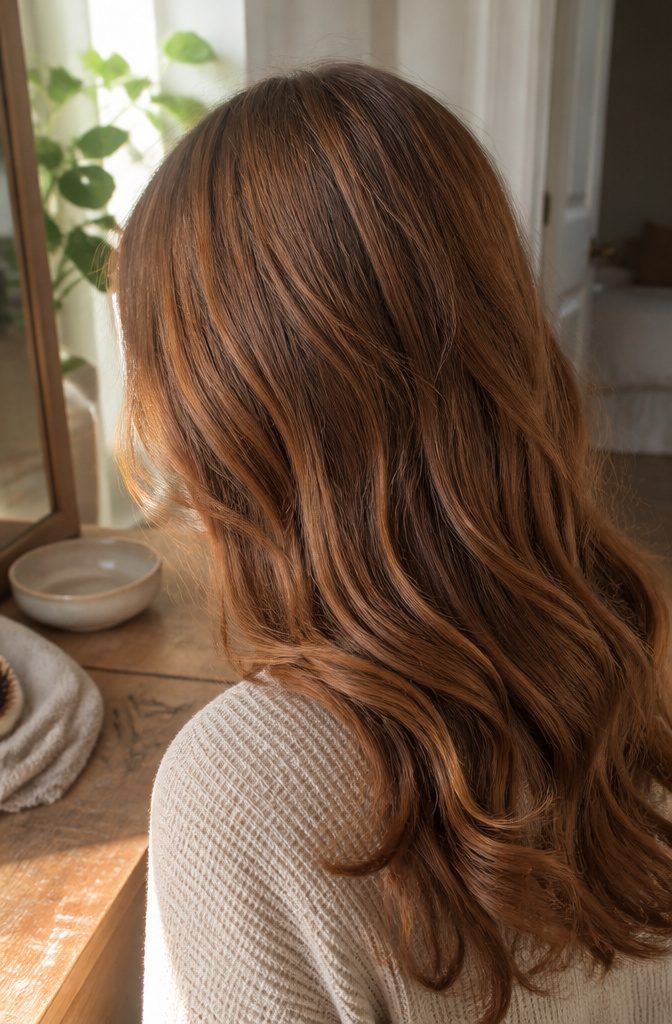 Gingerbread hair with a soft brown base and muted copper and golden tones