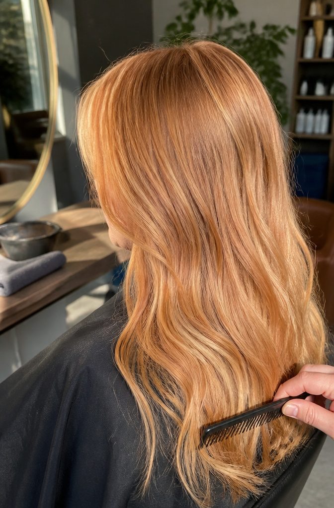 Blonde hair with light peach and copper tones through the lengths