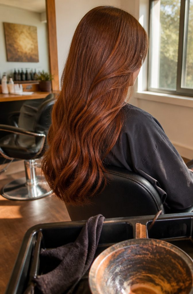 Rich reddish brown hair with copper glints and ginger accents