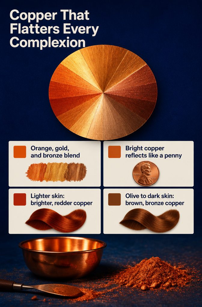 Copper hair color graphic with warm orange gold and bronze tones
