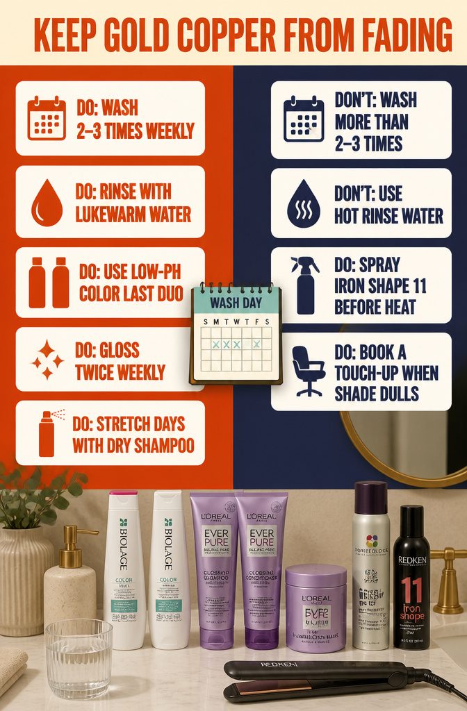 Beauty graphic listing shampoo conditioner gloss dry shampoo and heat spray