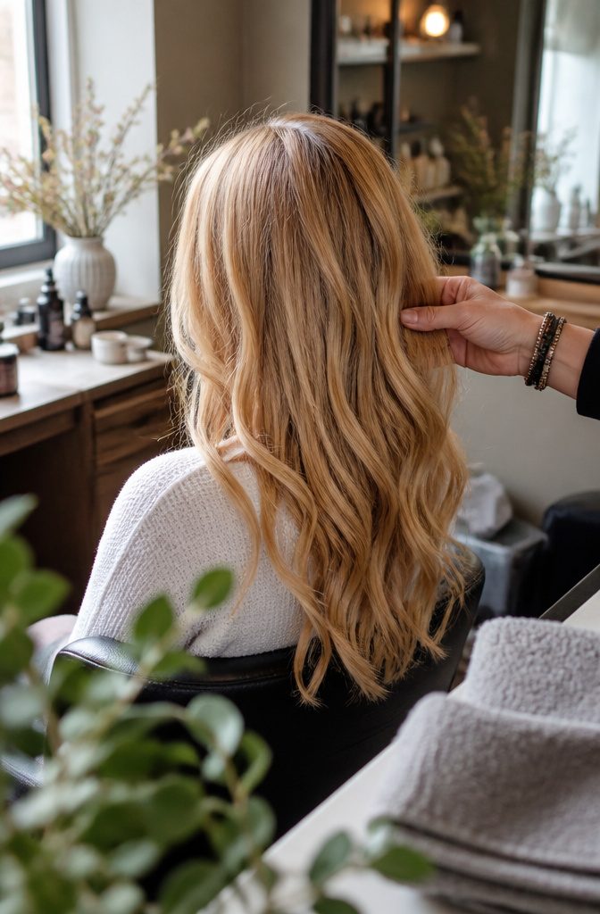 Blonde hair with fine red and golden strands and sunlit lengths