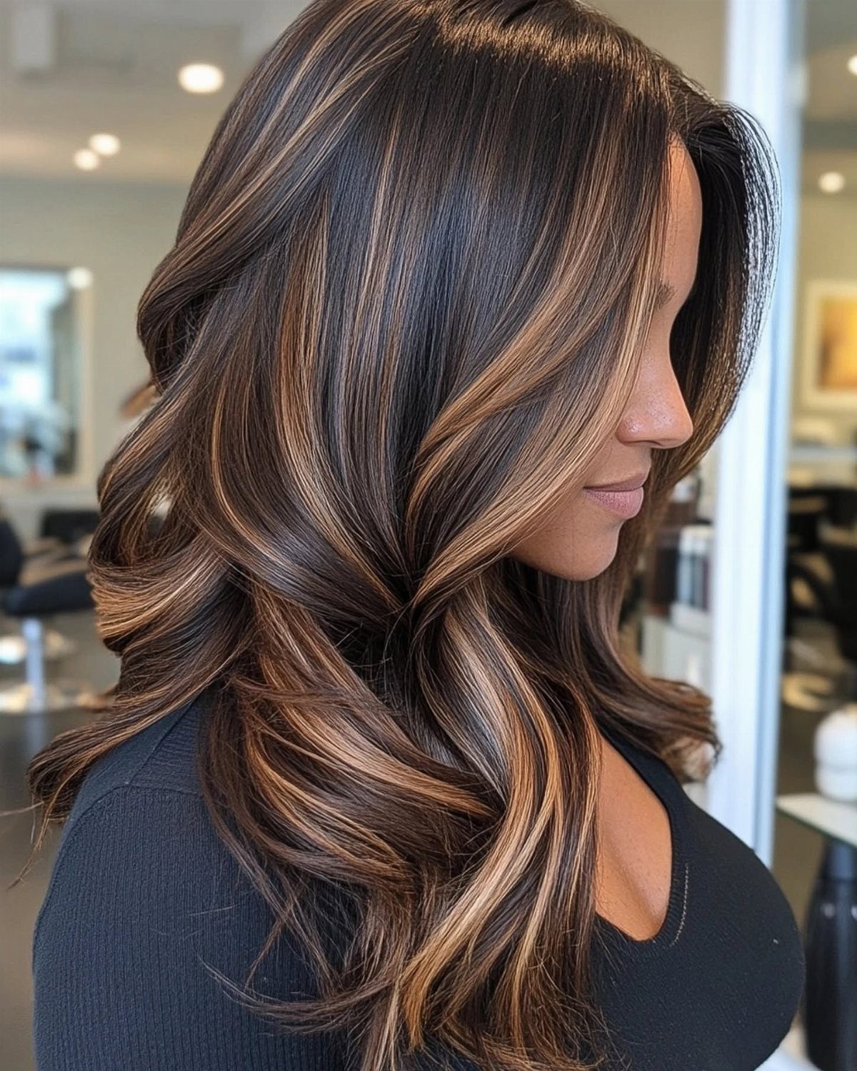 Woman with long brunette hair and golden-brown balayage highlights in loose curls