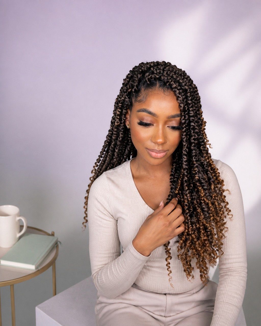 Woman displaying long dark-to-golden brown ombre braids indoors