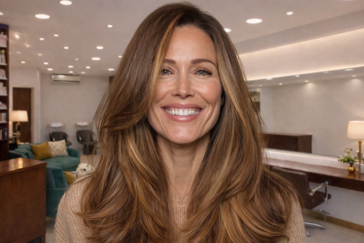 Smiling woman with long, layered golden chestnut brown hair indoors
