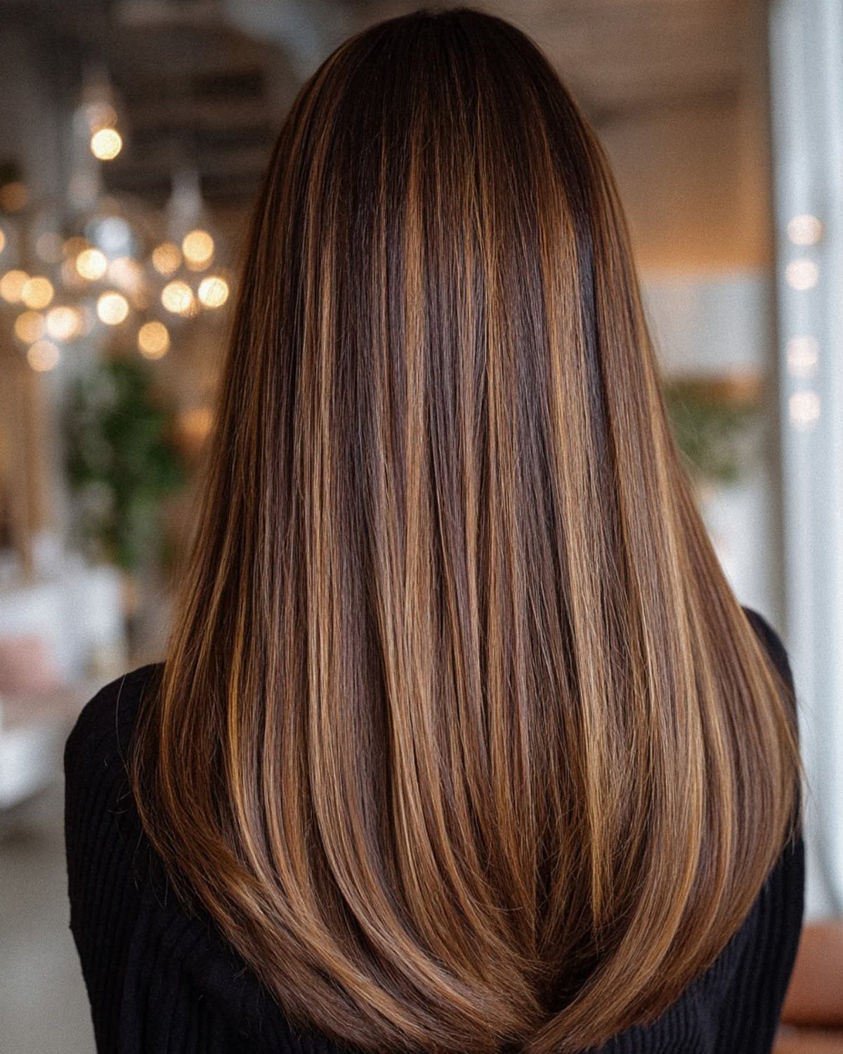 Long dark mocha hair displays vivid copper and golden streaks