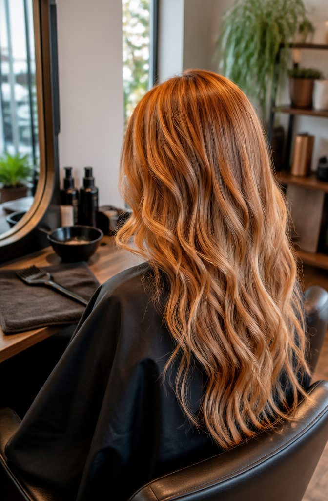 Softly curled copper hair with fine blonde streaks from roots to ends