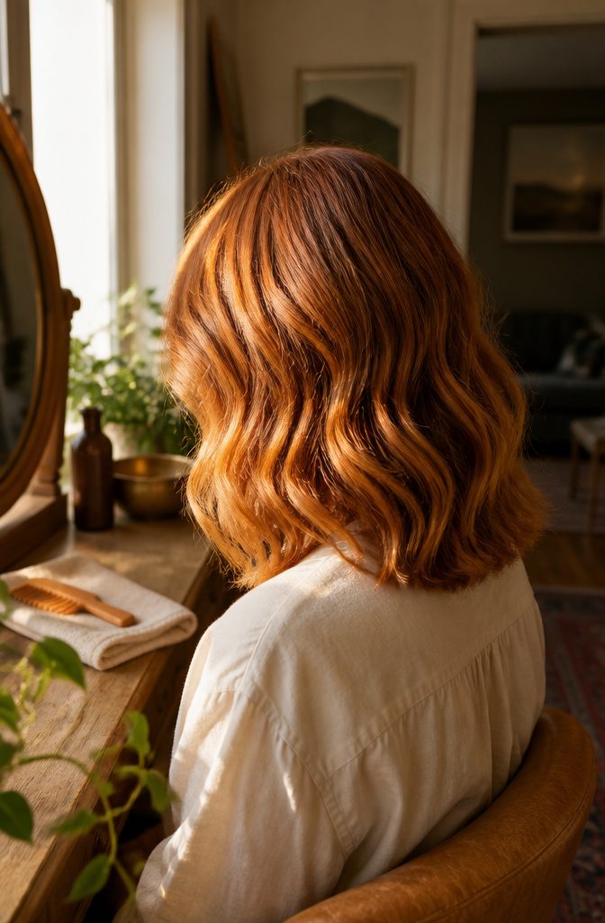 Golden copper hair with warm gold tones and a light-catching finish