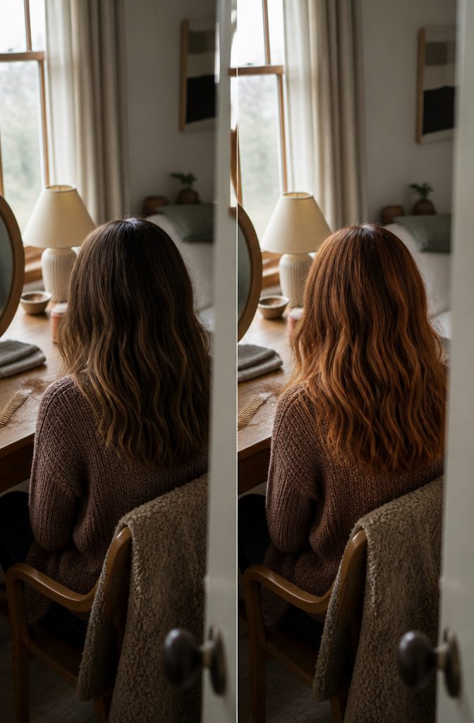 Golden copper hair with a warm mix of gold and deeper copper tones
