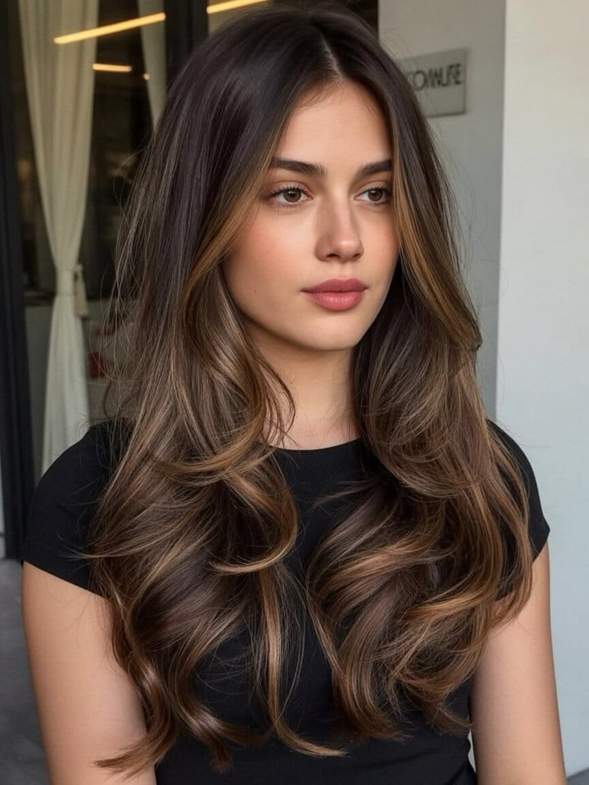Woman with long dark waves and caramel highlights framing her face