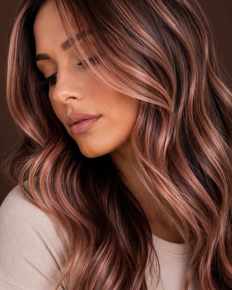 Woman with long dark brown waves and rose-gold caramel highlights