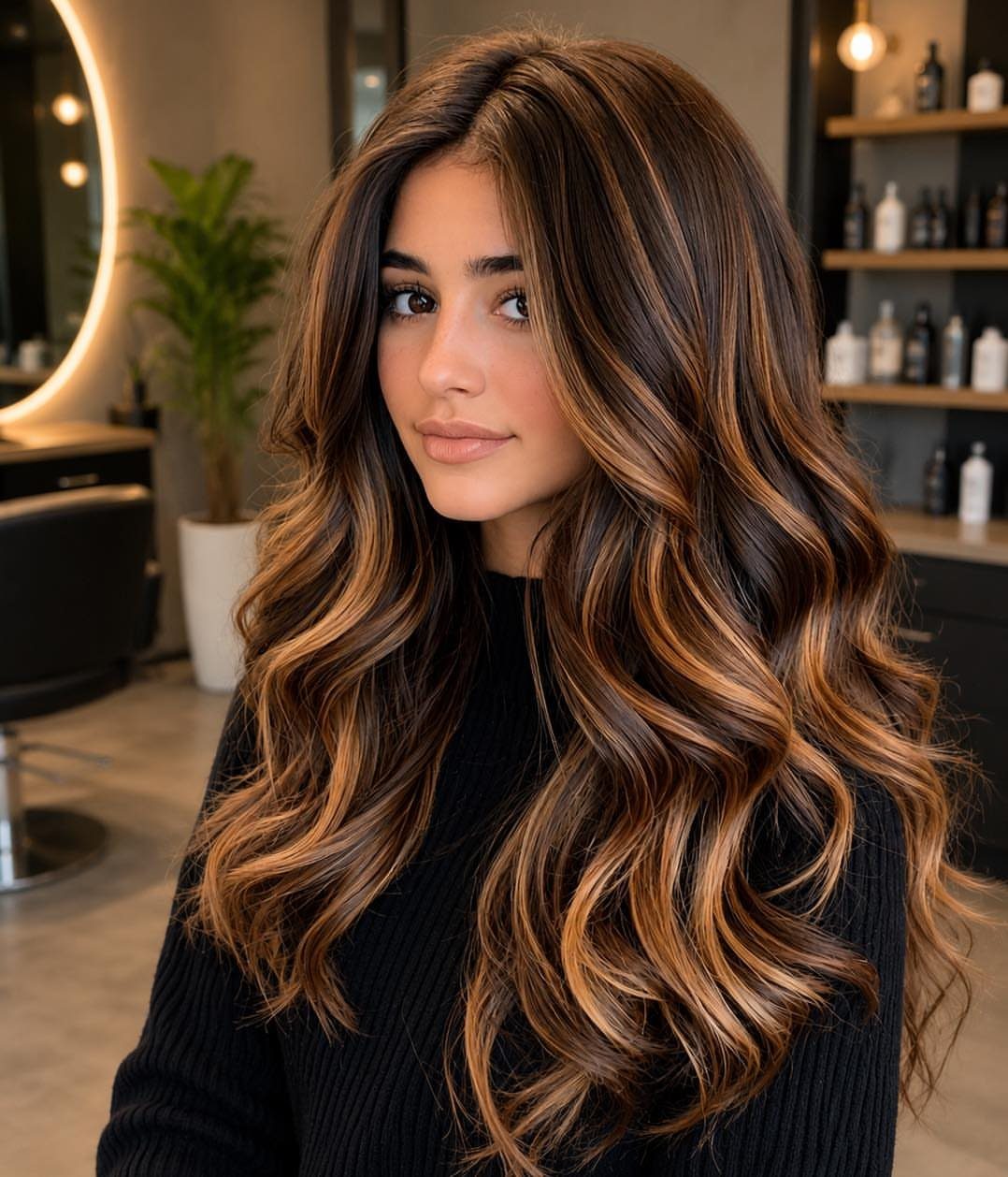 Long chocolate-brown waves with warm caramel highlights in a salon