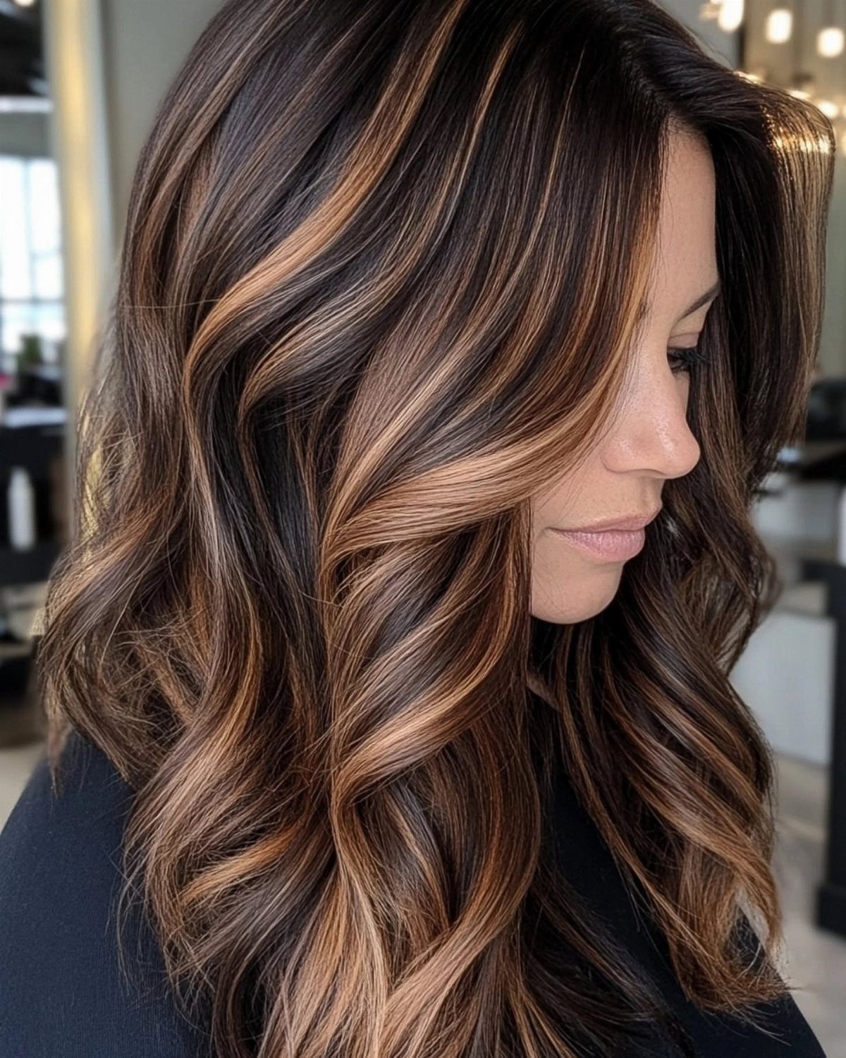 Long wavy dark brown hair with dimensional caramel-brown highlights in profile