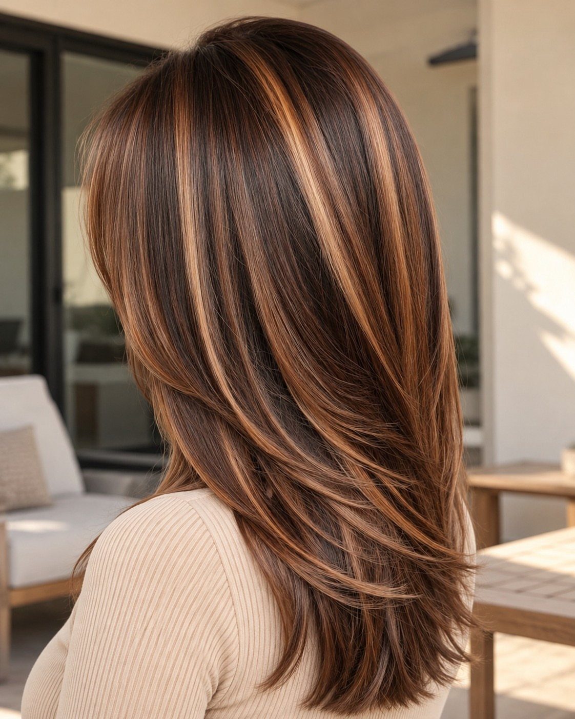Layered mahogany-brown hair with warm caramel highlights in a bright salon