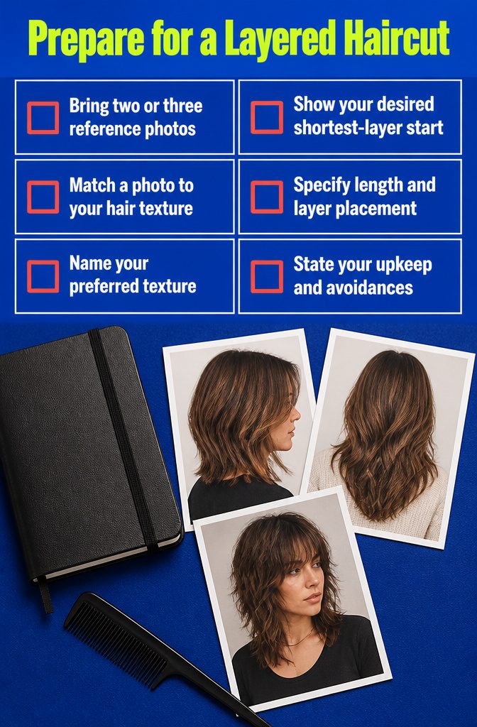 Haircut preparation guide with reference images and notes on layer placement