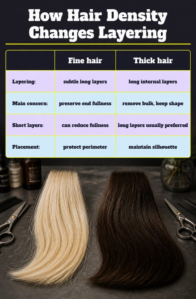 Hair density guide comparing fine and thick hair with layering notes