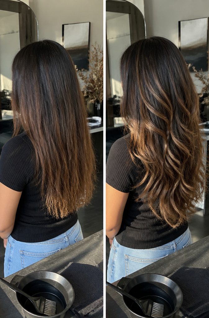 Layered hair with contrasting color ribbons through the lengths