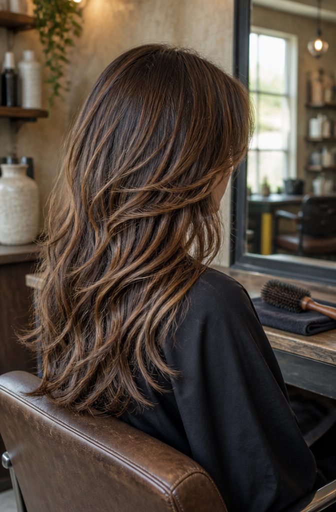 Face-framing layers and parted curtain fringe around a model’s face
