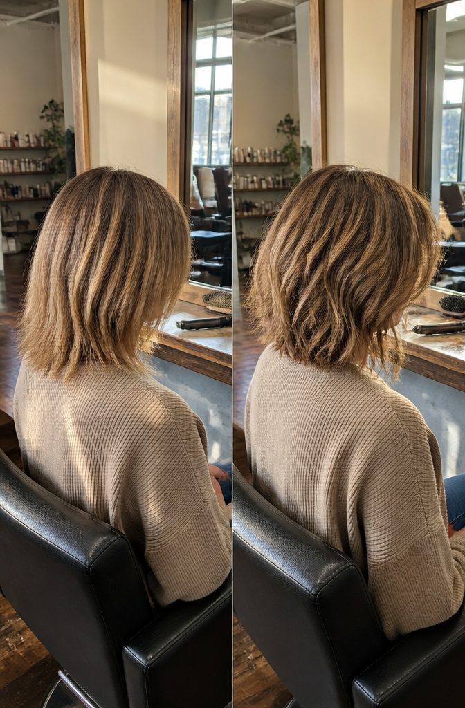 Layered lob with a softly textured shape and tousled ends