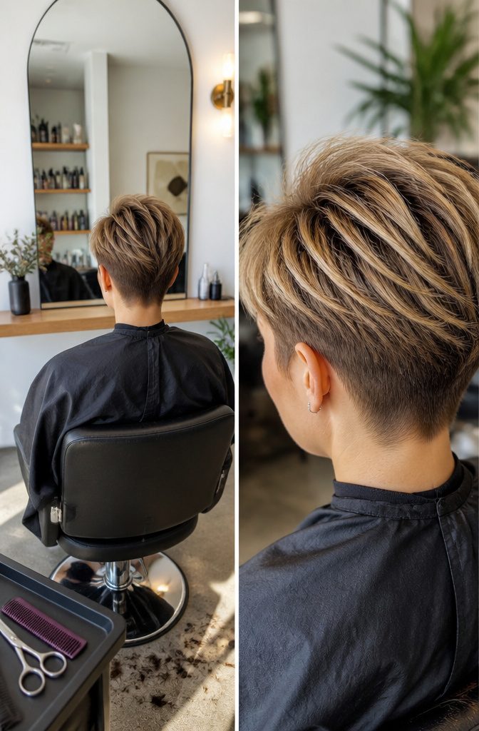 Short layered pixie with feathered crown and cropped sides