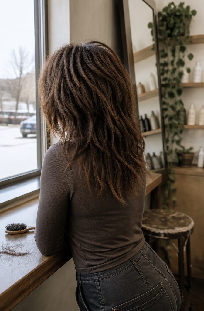 Modern shag with curtain fringe and choppy lengths near a salon window