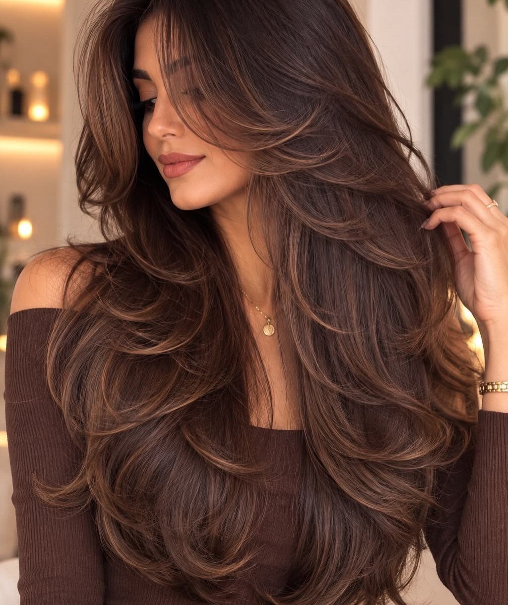 Woman showing voluminous, long dark brown hair with sweeping ’90s layers