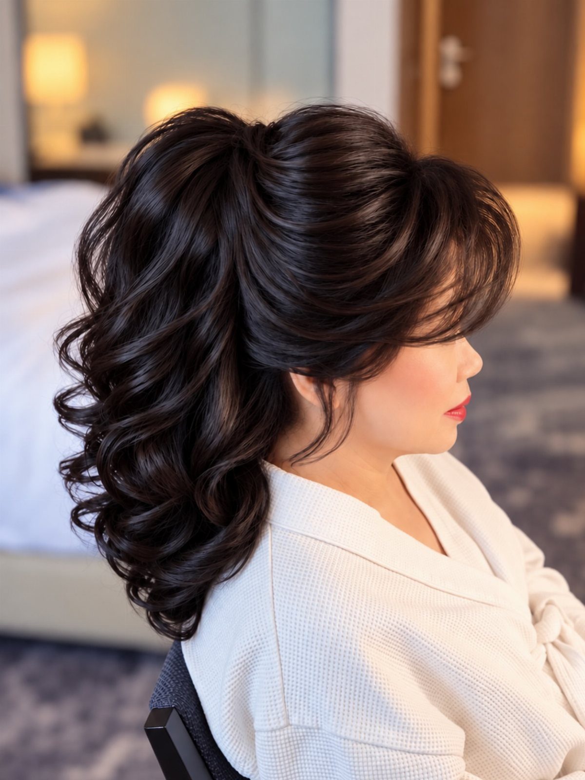 Woman with glossy dark brushed-out waves swept over one shoulder
