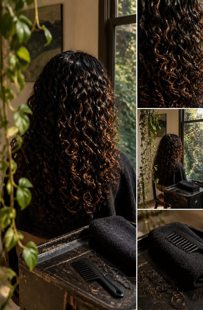 Jet black curls with warm highlights framing the face
