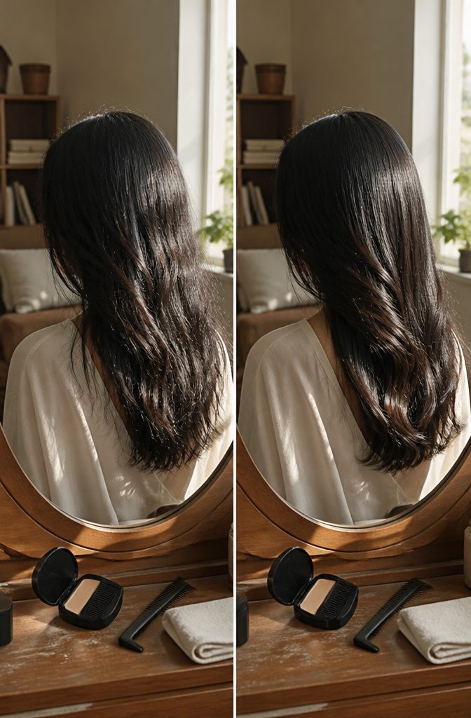 Person with jet black hair and warm highlights catching the light