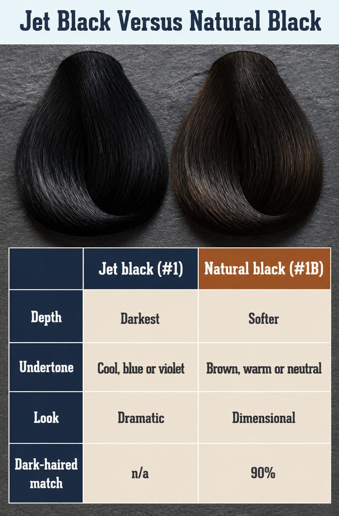 Beauty graphic comparing jet black and natural black hair shades