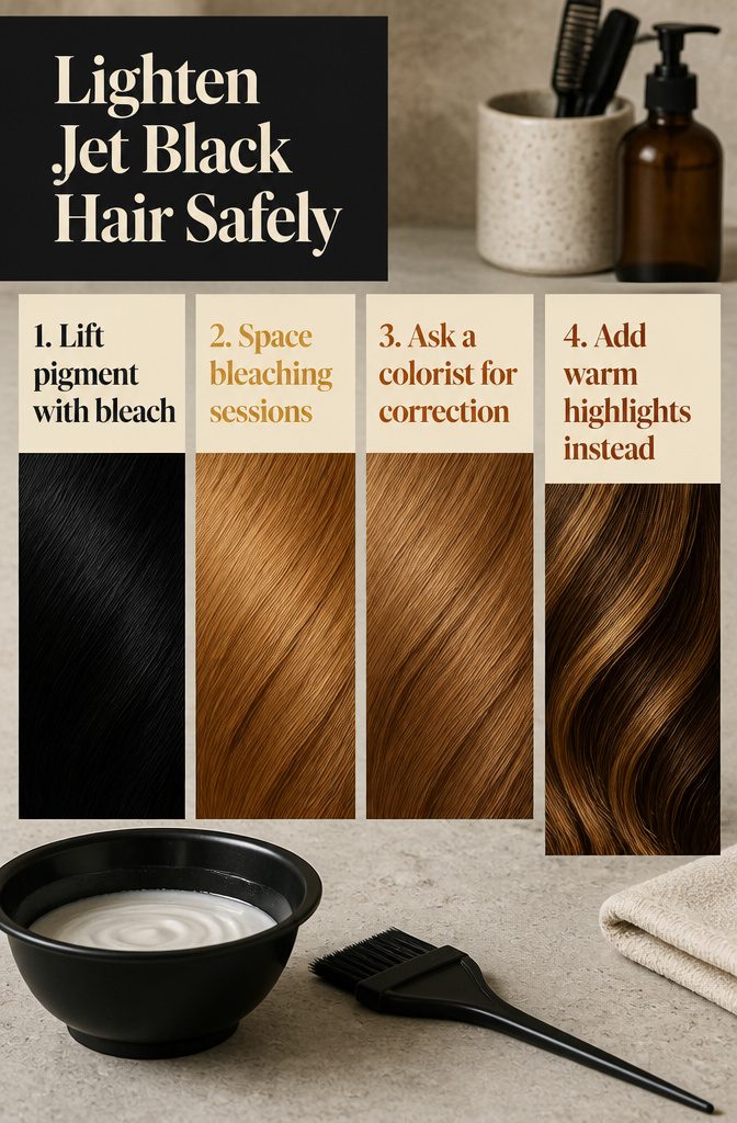 Beauty graphic with steps for safely lightening jet black hair