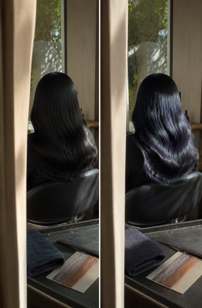 Jet black hair showing a cool sheen under changing light