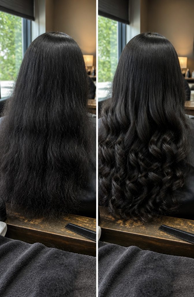 Curly jet black hair with light scattered across its texture