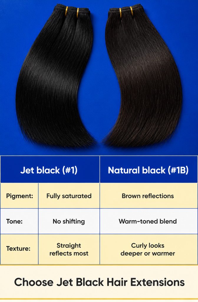 Beauty graphic comparing jet black and natural black hair extensions