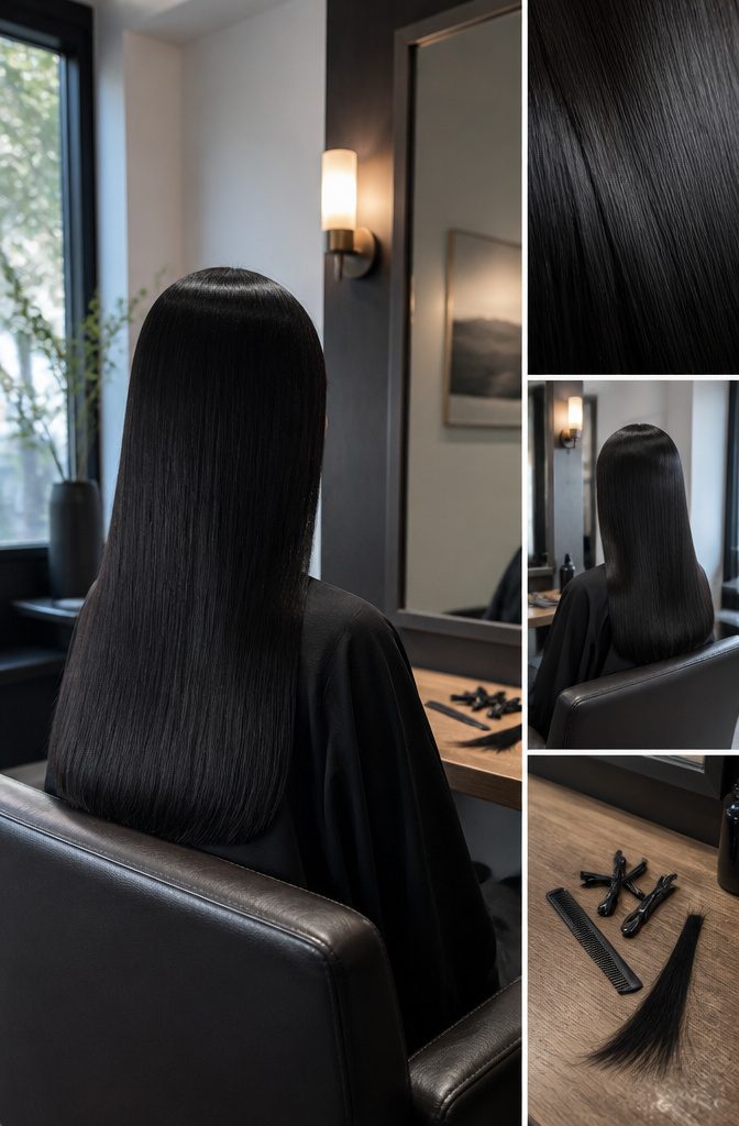 Straight jet black hair cut into a smooth blunt style