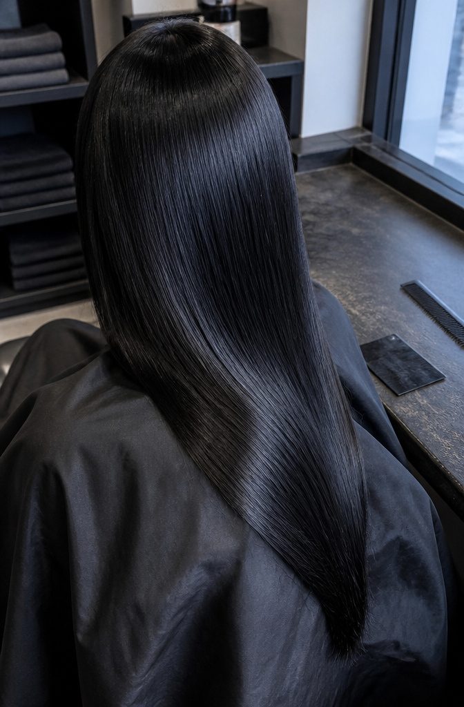 Jet black hair with cool blue-black tones and a glossy finish