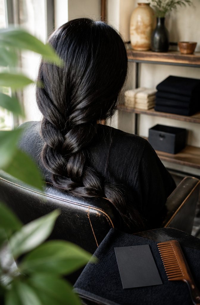 Low loose braid of dark hair with warm brown strands catching daylight