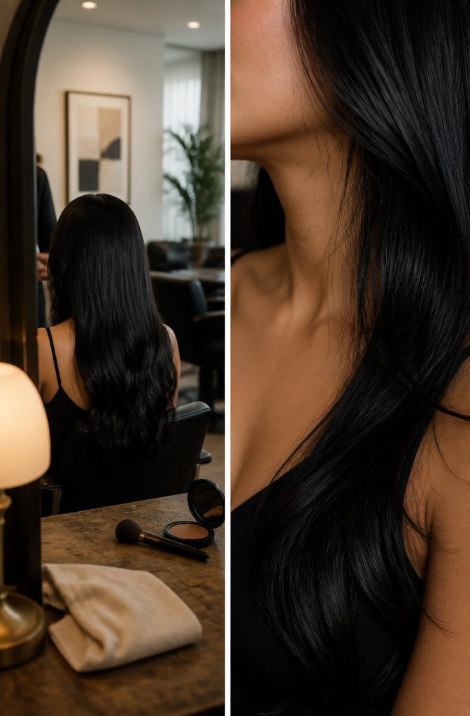 Person with jet black hair showing contrast against their skin tone